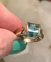 VINTAGE 14K YELLOW GOLD CHECKERBOARD PRISM CUT BLUE TOPAZ DIAMONDS RING DESIGNER