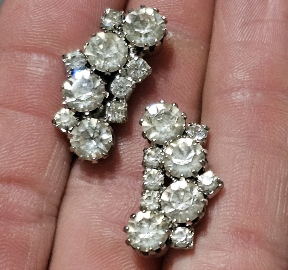 Vintage Clear Rhinestone Cluster Climber Huggie Earrings