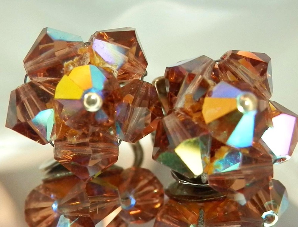 SPARKLY Vintage 50’s Amber AB Crystal Cluster Clip On Flower Earrings 595J0