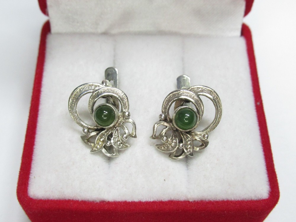 Vintage USSR 875 silver earrings, star, nephritis 3,73 gr.