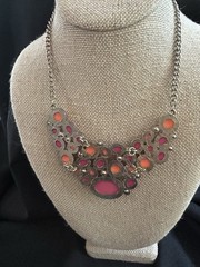 Vtg Statement Jewelry Set Pink Orange Cabochon Bib Necklace & Clip-on Earrings