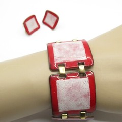 Set Copper Enamel Red White Vintage Bracelet Matching Screw Back Earrings MCM