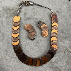 Vintage Copper Necklace Clip On Earrings Set Faux Coin 17”