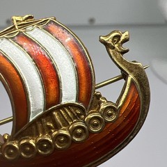 Vintage Signed Norway 925 Enamel Sterling Viking Boat 1.3” Brooch Pin