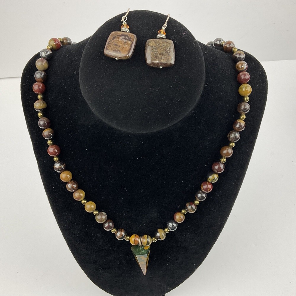 Vtg Genuine Jasper Hexagonal Pyramid Pendant Necklace Earring Set Earth Tones