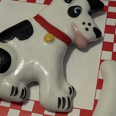 Vintage Flying Colors Ceramic Spotted Dog & Bone Pin