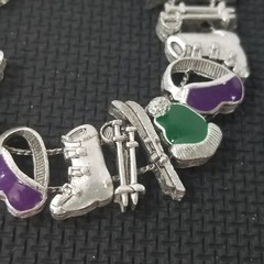 Double Chain Victorian Slide Charm Bracelet Goldette Style Unsigned Ski Skiing