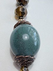 Vintage Necklace Large Blue Green Ceramic Beads, Crystal, Copper Findings 27”