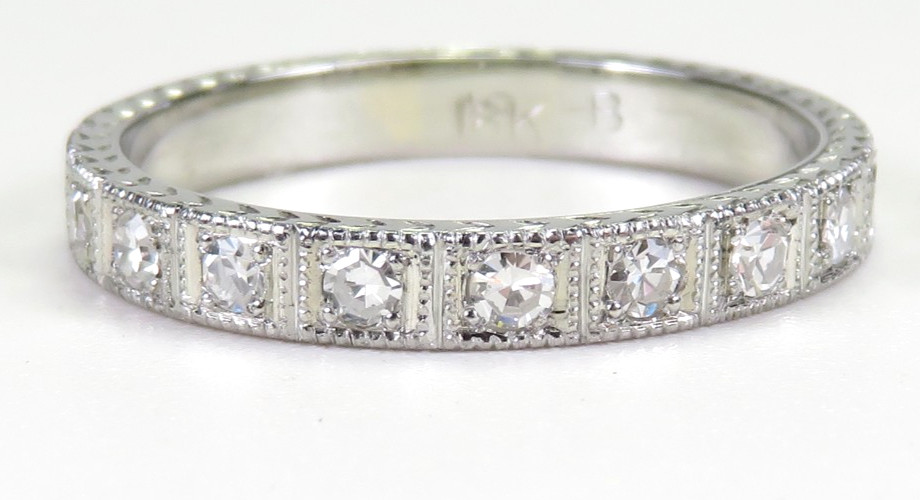 Antique Art Deco Diamond Wedding Band 17K White Gold EGL USA Ring Size 7.25 UK-O