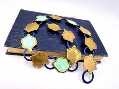 Vintage Artisan Brass Blue Green OOAK Collar Necklace Brutalist 16” DbG A