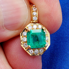 Original EARTH MINED Colombian EMERALD DIAMOND Pendant Deco Halo SOLID 18K GOLD