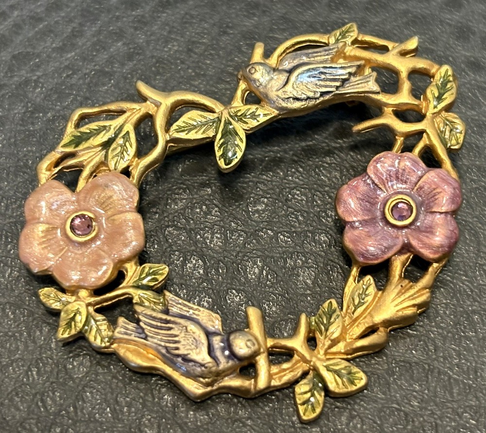 VINTAGE KC DESIGNER BROOCH RHINESTONE ENAMEL FLORAL HEART Bird VICTORIAN REVIVAL