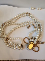 Unsigned Miriam Haskell Vintage 4 Strand Faux Pearl Necklace Gold Mesh Bow Flaws