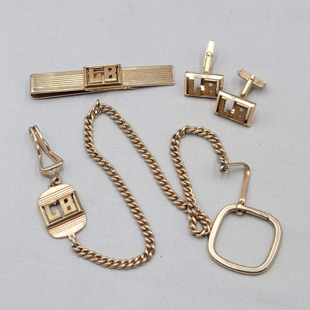 Vintage Swank Mens Jewelry Set Watch Fob Cufflinks Tie Bar Gold tone Monogram LB