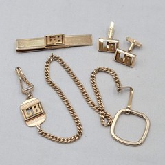 Vintage Swank Mens Jewelry Set Watch Fob Cufflinks Tie Bar Gold tone Monogram LB