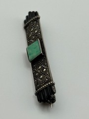 Vintage Art Deco 935 Sterling Silver Marcasite Enamel Amazonite Brooch