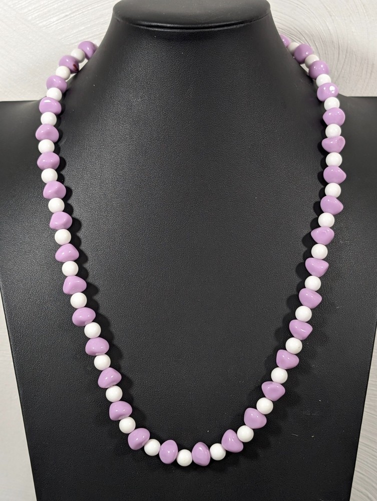 Vintage Purple White Lucite Beaded Necklace Lilac MCM 26 inches Lavendar