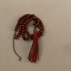Wood Bead Red Leather Tassel Pendant Necklace
