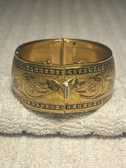 Antique 1930’s Victorian Revival Etched Hinged Bangle Wide Gold tone Bracelet