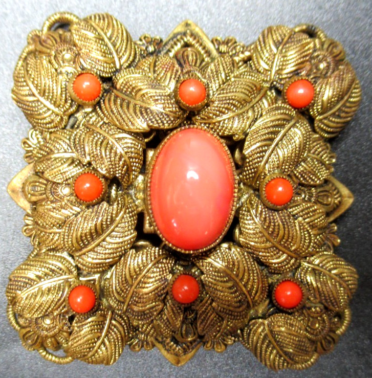 Coral Colored Cabochon Golden FIligree Vintage Brooch W/ Trombone Clasp