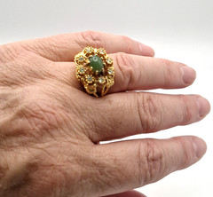 Vintage 18K HGE Green Cabochon Rhinestone Cocktail Ring Size 8 Regency Glam Chic
