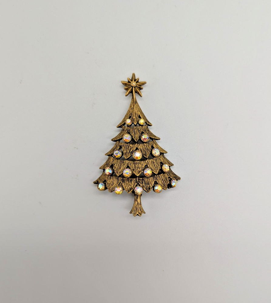 Vintage Christmas Tree Brass Tone Brooch Pin with Aurora Borealis Rhinestones