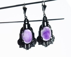 925 Sterling Silver Antique Art Deco Drop Earrings 12.00 ct Amethyst Markasite