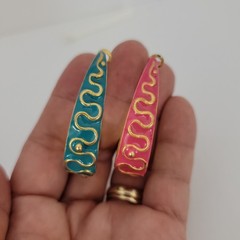 Vintage Gold Tone Pink Blue Enamel Dangle Hoop Earrings Statement
