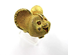 Unique Vintage Cartoon Mouse Ring Brushed Gold Tone Rhinestone Eyes Size 5