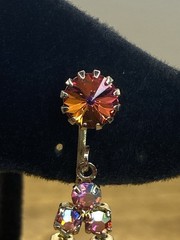Vtg 1960s Watermelon Glass Rivoli & AB Rhinestone Clip On Dangle Earrings 2”