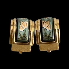 VTG Hermes Lion Motif Enamel Clip-On Earrings Cloisonne Gold Plated w/Box Used