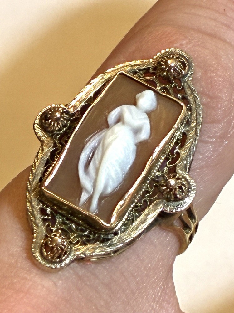 Sz 7.5 Victorian 14k filigree full figure shell Cameo Ring 3.61 g