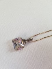Sterling Silver Emerald Cut AB Crystal Solitaire Pendant Necklace Rope Design