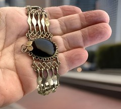 Vintage Boho Silver Alloy & Onyx Artisan Hand Created Bracelet, 6-3/4″ Long