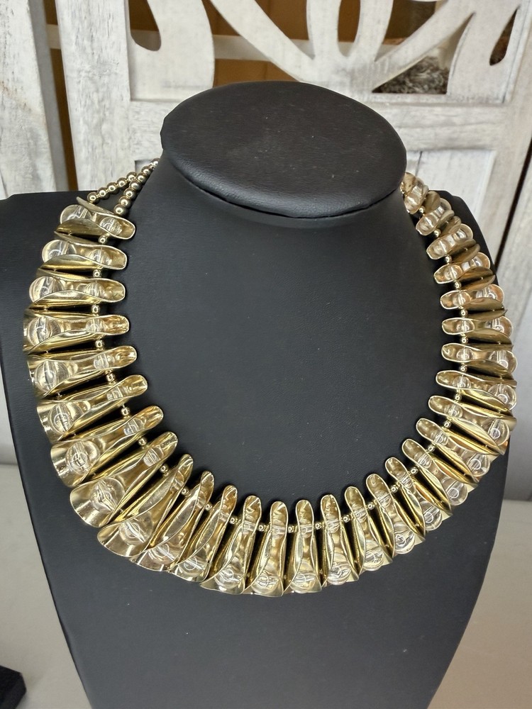 Vintage Gold Tone Cleopatra Fringe Bib Collar Necklace Mod Chunky Statement