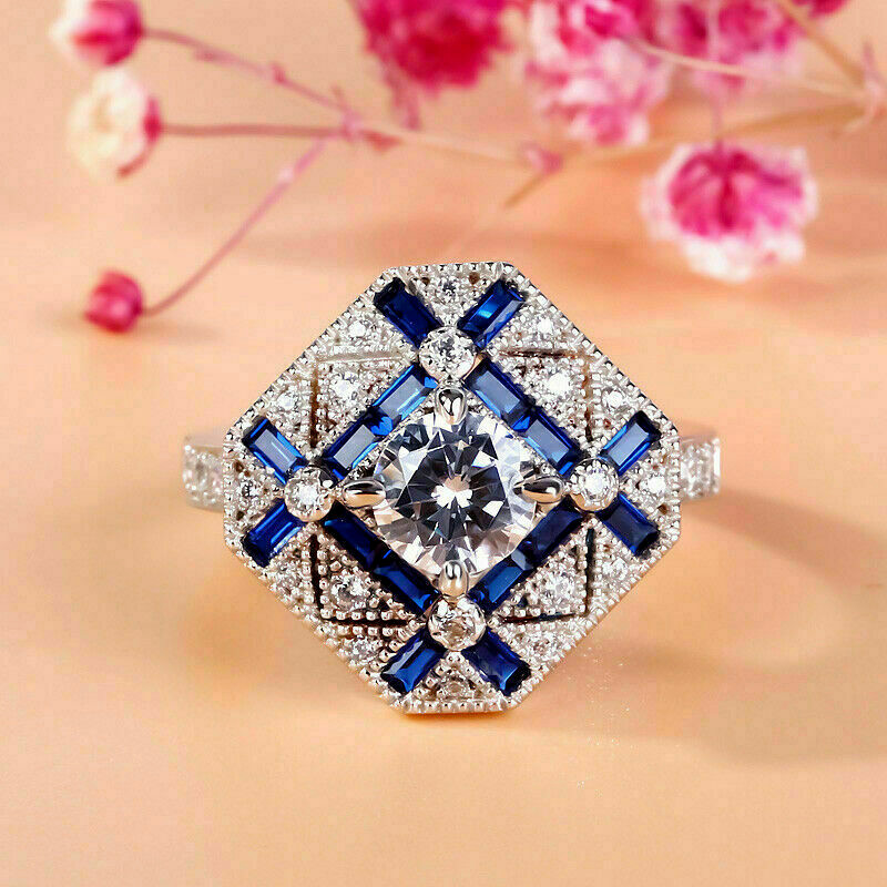 Antique Vinta Baguette Cut Sapphire & Lab-Created Diamond Wedding 925Silver Ring