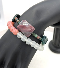 Gemstone Stretch Bracelets Lot Rhodonite Quartz Agate Stone Bracelets 2 Pc