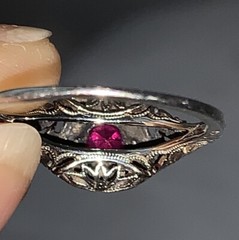 Antique 10k W Gold Vivid Pink Filigree Carved Etch Ring Nouveau Edwardian 2.25g
