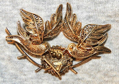 Vintage Silver Pin Filigree Lovebirds in Nest with Eggs with Gold Plate