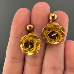 Vintage Yellow Enamel Flower Brooch Dangle Earrings Set Gold Tone Cabbage Rose