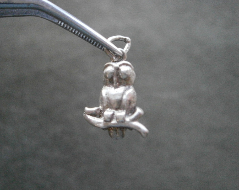 Owl on Branch Vintage Solid Sterling Silver Bracelet Charm Pendant 2.6g