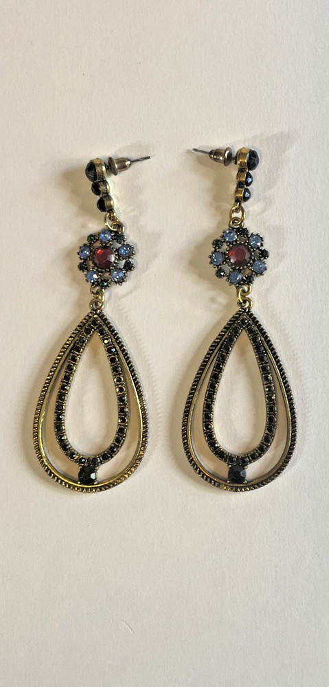 Vintage Dangle Earrings Gold Tone Black Red Blue Rhinestones Cluster Oval 3.5 In