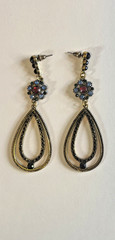 Vintage Dangle Earrings Gold Tone Black Red Blue Rhinestones Cluster Oval 3.5 In