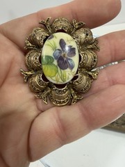 Vintage Victorian Revival Floral Porcelain Purple Violets Cameo Style Brooch