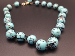 Vintage Chinese Turquoise Bead Necklace Black Spacers Gold Tone Clasp 16-18″