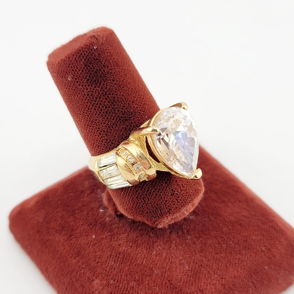 Vtg Sz 7 Ring Cocktail ESPO Lg Teardrop Cubic Zirconia 14KTGE Jewelry Esposito