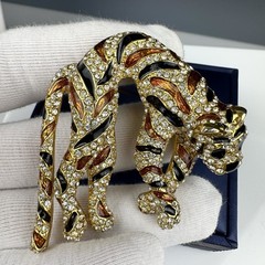 Vintage 1960’s Signed CINER Tiger Large Brooch Enamel Stripes Rhinestone