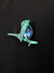 Wonderful Green Bird Brooch/Pin with Blue Glass Stone Set in Oxydated Metal