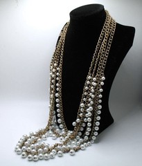 Vintage RJ Graziano 4-strand faux pearl and goldtone chain statement necklace