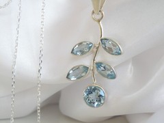 Sterling Silver 925 Natural Heated Blue Topaz Vine Branch Pendant Necklace